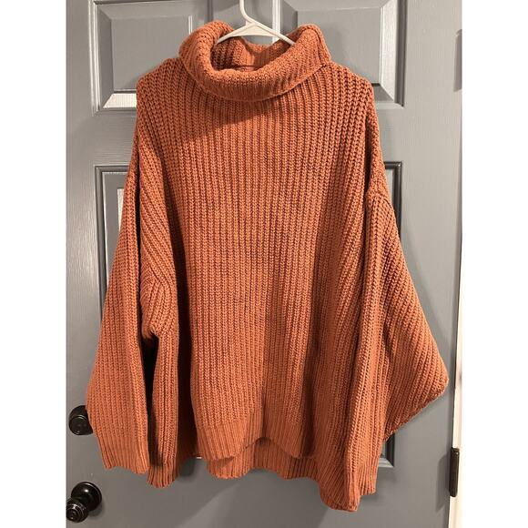Free People Eleven Chunky Knit Sweater Turtleneck Tunic Burnt Orange Fisherman M - Picture 1 of 7